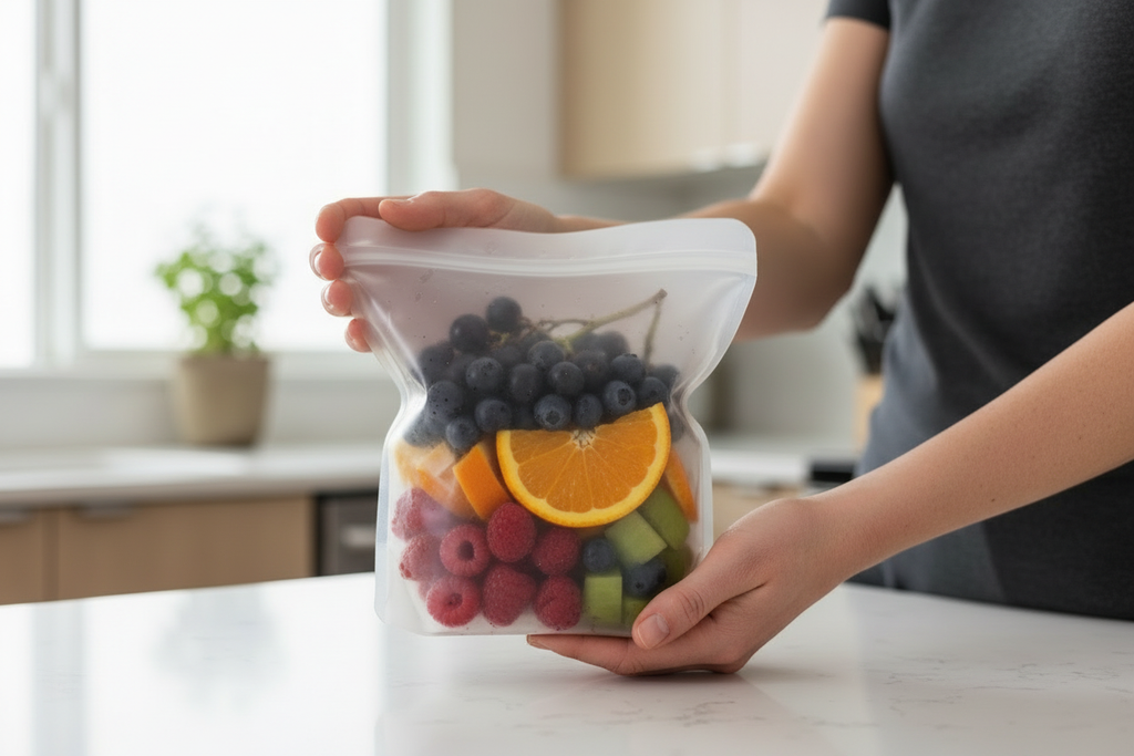 add human hands holding  onto it, no colours at the top and include just fresh fruit inside